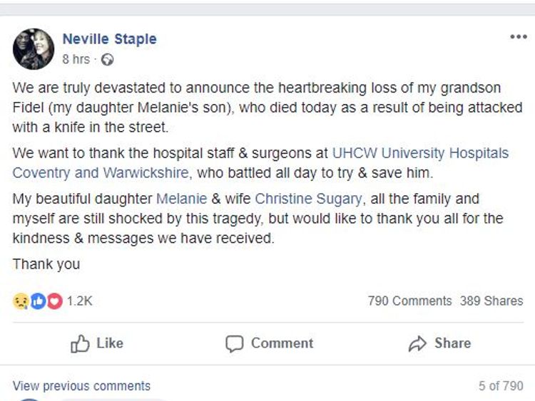 Neville Staple thanked hospital staff for trying to save his grandson&#39;s life. Pic: Neville Staple/Facebook