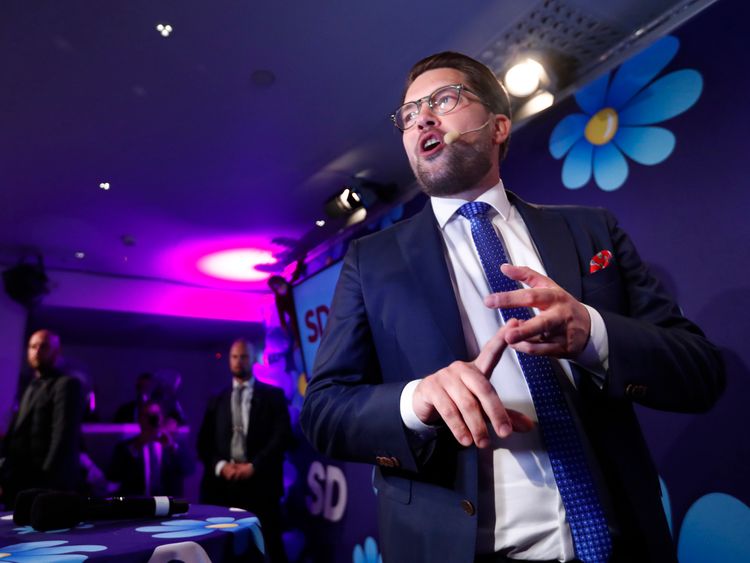 Sweden Democrats leader Akesson addresses party members as support surges