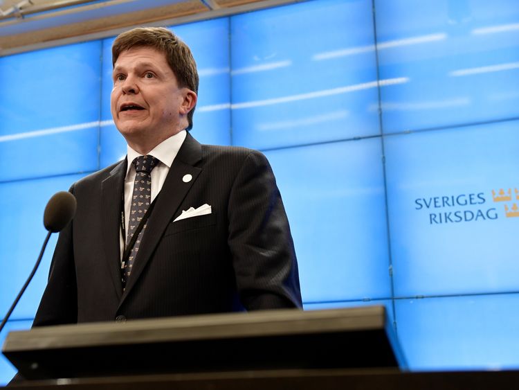 Andreas Norlen of the Moderate Party addresses the media after he was appointed Sweden&#39;s new Speaker of the Parliament on Monday