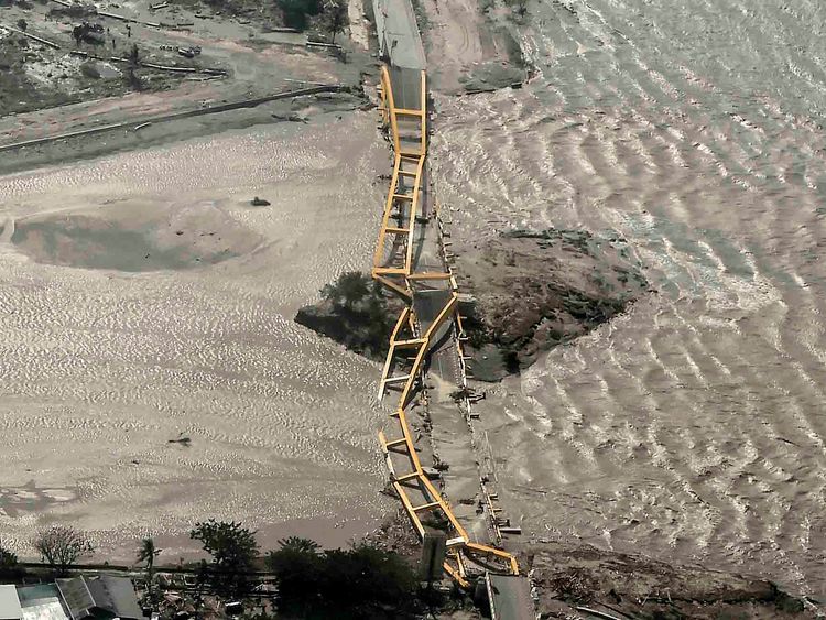An aerial view shows bridge damaged by an earthquake and tsunami in Palu