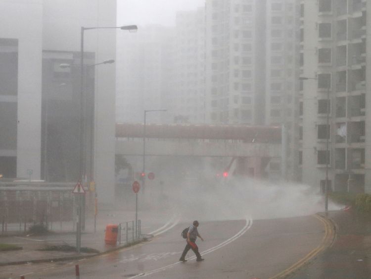 The typhoon hit the Heng Fa area of Hong Kong early on Sunday 
