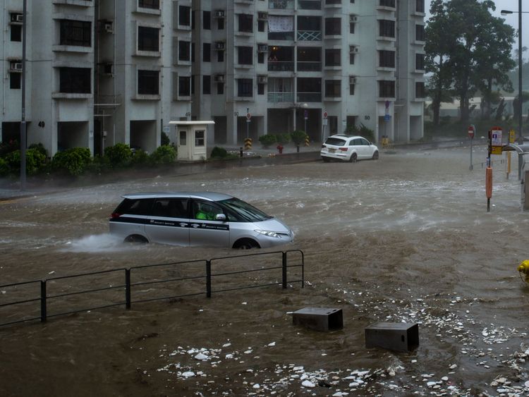 Floods at Heng Fa Chuen, Hong Kong, during the approach of super Typhoon Mangkhut from the Philippines on September 16, 2018