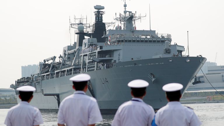 HMS Albion, a British Royal Navy amphibious assault ship, pictured in Tokyo, Japan, August, 2018