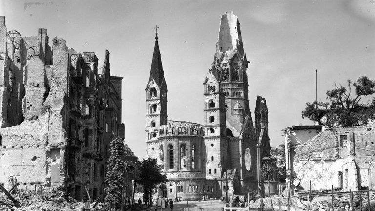 The ruins of the Tauenzien Strasse and the Kaiser Wilhelm Memorial Church in Berlin