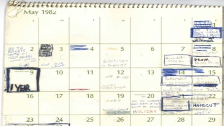The calendar pages have been submitted by Mr Kavanaugh&#39;s defence team. Pic:  Senate Judiciary Committee 