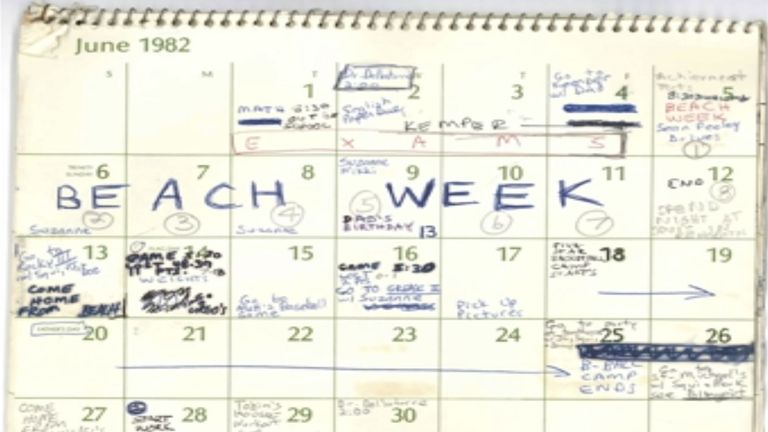 The page for June has "beach week" scrawled across some of the days. Pic: Senate Judiciary Committee