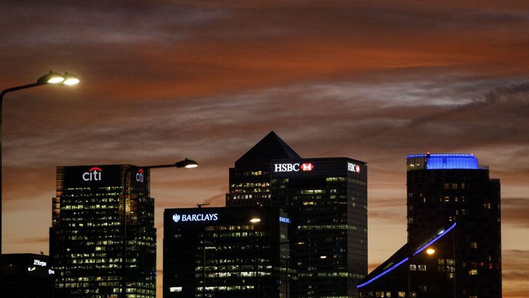 The financial offices of banks, including Barclays, Citi, HSBC, in the financial district of Canary Wharf, are pictured from Greenwich in London on October 29, 2017. / AFP PHOTO / Tolga AKMEN (Photo credit should read TOLGA AKMEN/AFP/Getty Images)
