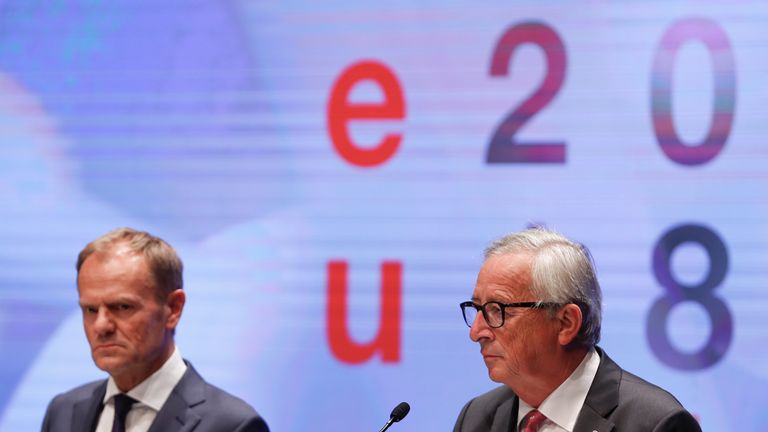 European Council President Donald Tusk and European Commission President Jean-Claude Juncker hold a news conference after the informal meeting of European Union leaders in Salzburg