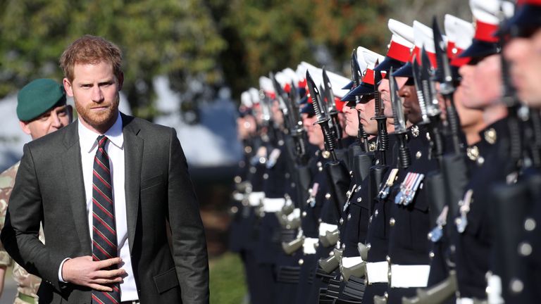 The Duke of Sussex, pictured here with Royal Marines in 2018, has long championed the work of the armed forces. Pic: PA