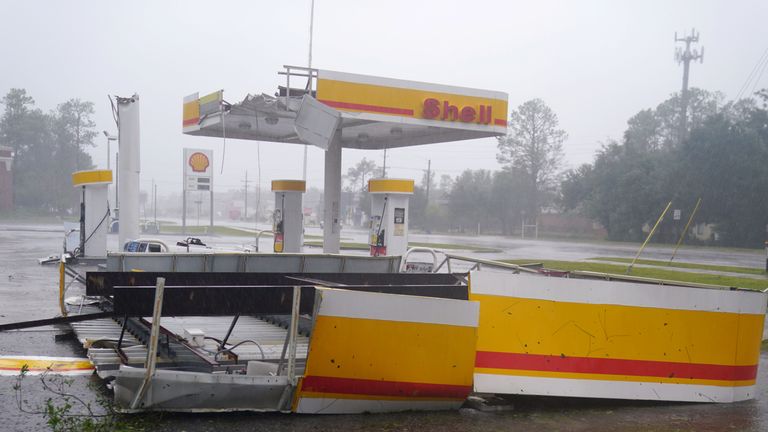 A gas station with its roof blown off is seen as Hurricane Florence comes ashore in Wilmington
