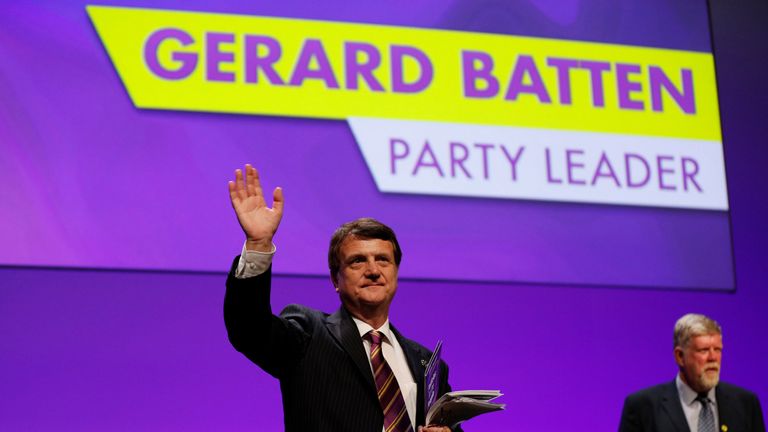 UKIP leader Gerard Batten waves after speaking during the UKIP party conference in Birmingham