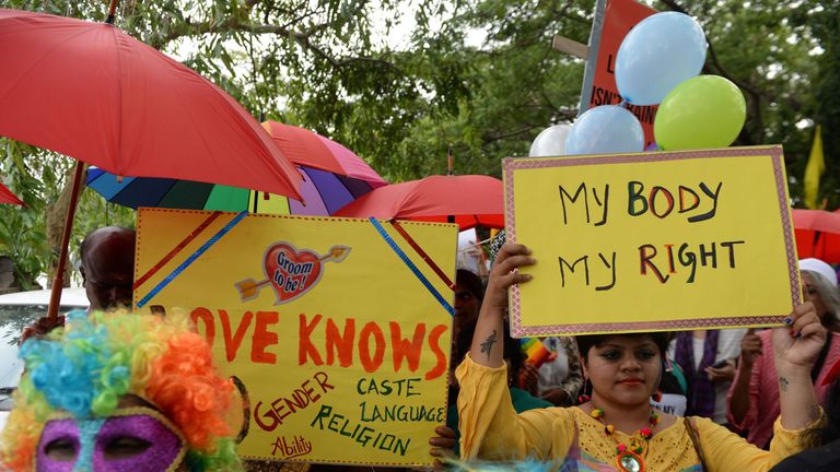 People at a pride event in Chennai in June 