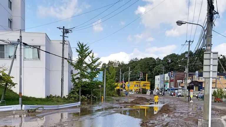 Water and mud covers the road in Hokkaido, Japan. Pic: @TAKA_RR