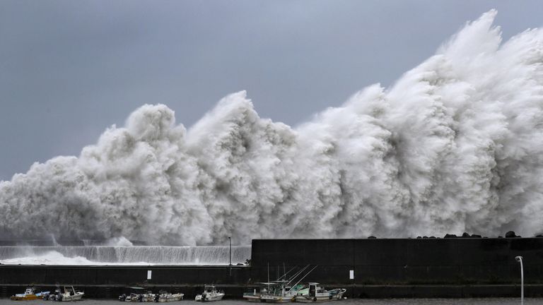 High waves triggered by Typhoon Jebi are seen at a fishing port in Aki, Kochi Prefecture, western Japan