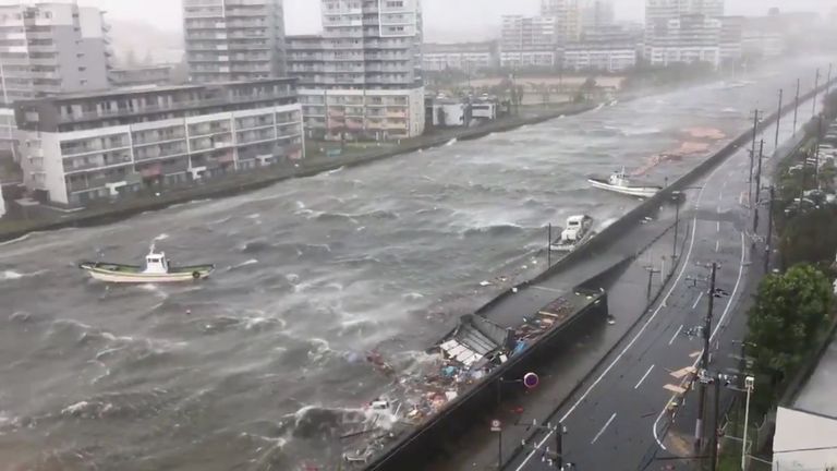 Boats float along with debris during Typhoon Jebi in Nishinomiya City, Hyogo Prefecture, Japan