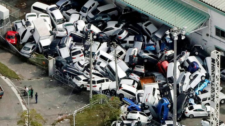 Vehicles damaged by Typhoon Jebi in Kobe, western Japan,
