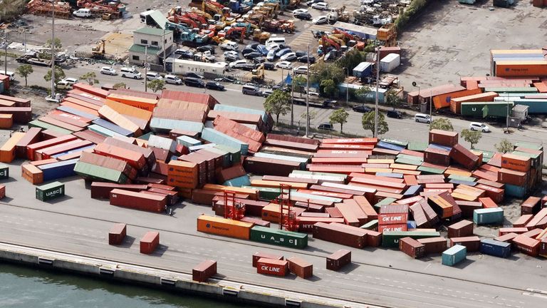 Containers damaged by Typhoon Jebi in Kobe, western Japan
