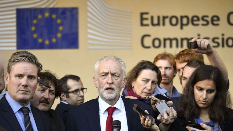Jeremy Corbyn and Keir Starmer stage a press conference after the meeting Michel Barnier