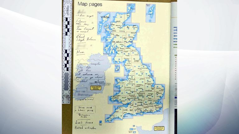 Writings of Westminster terrorist Khalid Masood on a road atlas that was shown to the inquest at the Old Bailey