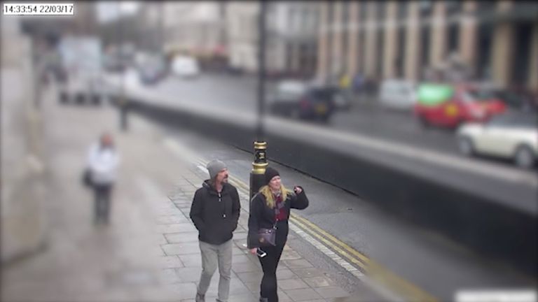CCTV image dated 22/03/17 issued by the Metropolitan Police of Kurt Cochran, one of the victims of the Westminster Bridge terror attack, walking on to the bridge with his wife Melissa. The inquest into the death of Mr Cochran, along with Andreea Cristea, Aysha Frade, Leslie Rhodes and PC Keith Palmer, continues at the Old Bailey.