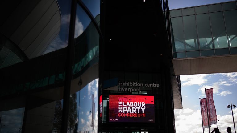 A sign welcomes delegates to the ACC Liverpool during the first day of the annual Labour Party conference in Liverpool
