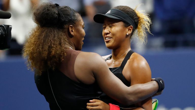 Naomi Osaka of Japan (R) hugs Serena Williams of the United States (L) after their match in the women's final on day thirteen of the 2018 U.S. Open tennis 