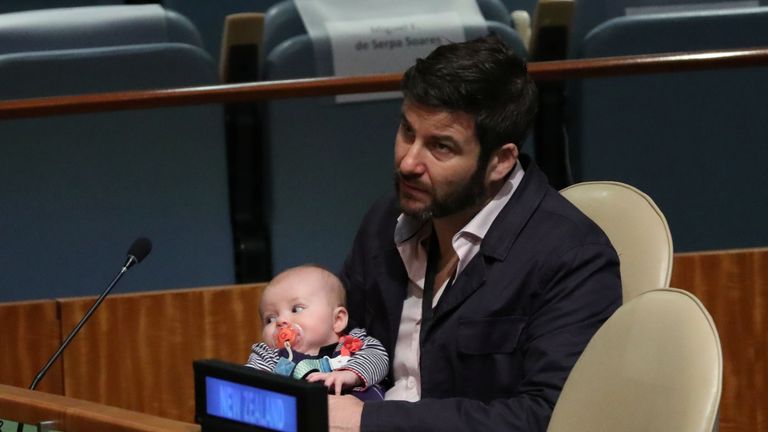Clarke Gayford, partner to New Zealand Prime Minister Jacinda Ardern holds their baby Neve at the Nelson...
