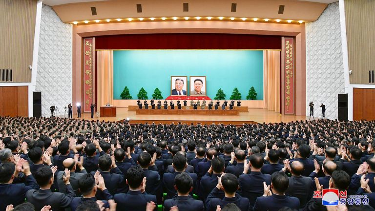 Officials at a ceremony to celebrate North Korea&#39;s 70th anniversary