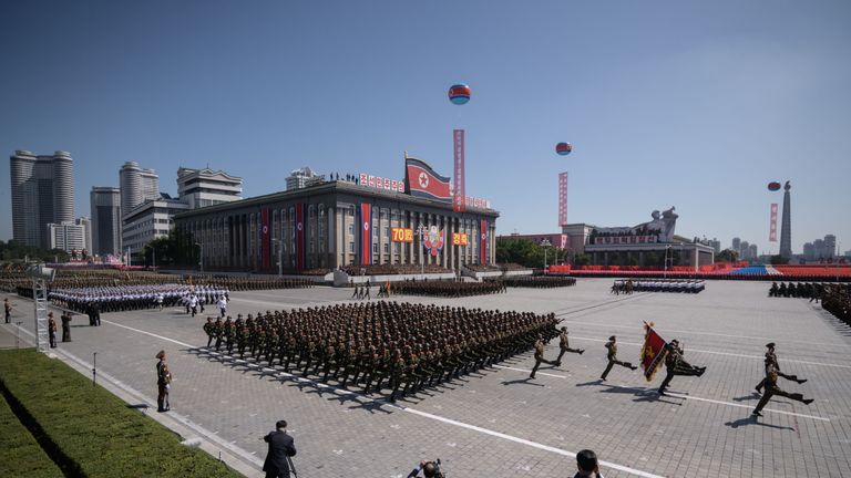 Korean People&#39;s Army (KPA) soldiers march during a military parade and mass rally on Kim Il Sung square in Pyongyang on September 9, 2018