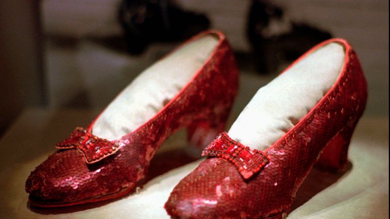 1996 file photo shows one of the four pairs of ruby slippers worn by Judy Garland in the 1939 film "The Wizard of Oz"