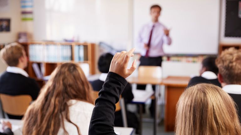 Female Student Raising Hand To Ask Question In Classroom - Stock image