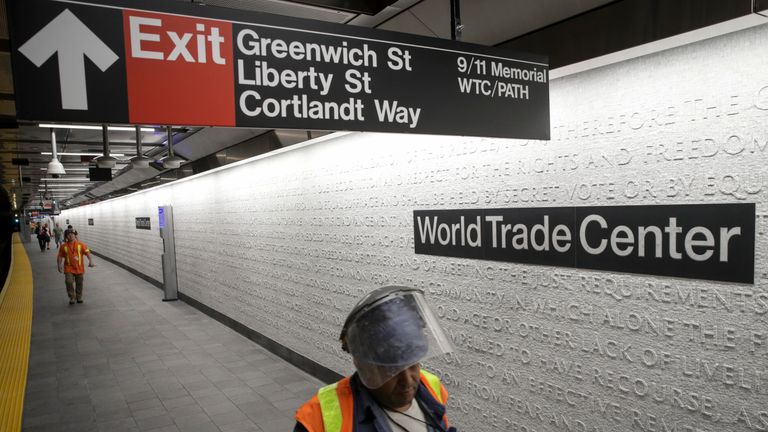 NEW YORK, NY - SEPTEMBER 10: Workers walk along the platform at the newly opened Cortland Street 1 train station September 10, 2018 in New York City. The Cortland Street 1 train station was buried in debris following the 9/11 terrorist attacks and had been closed since that day 17 years ago. The newly renovated version of the station opened on Saturday. (Photo by Drew Angerer/Getty Images)