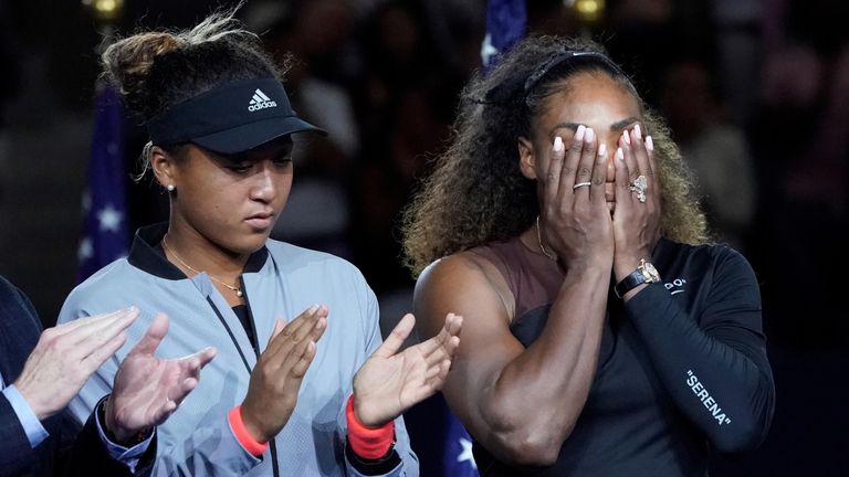 Serena Williams of the USA (right) cries while standing next to Naomi Osaka of Japan at the trophy presentation after the women’s final on day thirteen of the 2018 U.S. Open tennis tournament at USTA Billie Jean King National Tennis Center. Mandatory Credit: Robert Deutsch-USA TODAY Sports