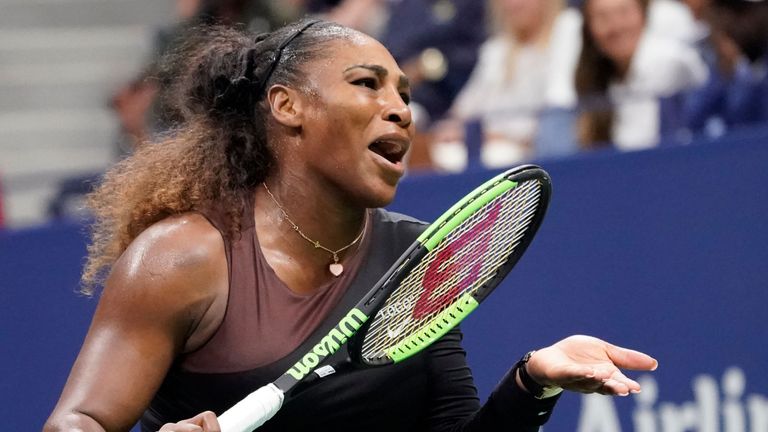 Serena Williams of the United States gestures to umpire Carlos Ramos at US Open