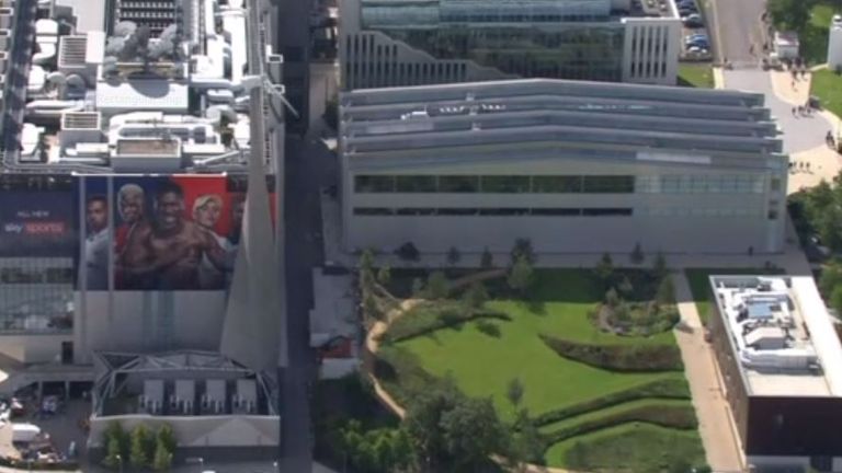 An aerial view showing part of Sky&#39;s campus in west London
