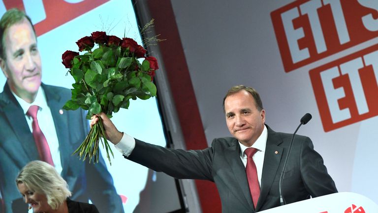 Sweden&#39;s Prime Minister and leader of the Social democrat party Stefan Lofven speaks at an election party at the Fargfabriken art hall in Stockholm, Sweden September 9, 2018. TT News Agency/Claudio Bresciani/via REUTERS ATTENTION EDITORS - THIS IMAGE WAS PROVIDED BY A THIRD PARTY. SWEDEN OUT. NO COMMERCIAL OR EDITORIAL SALES IN SWEDEN.