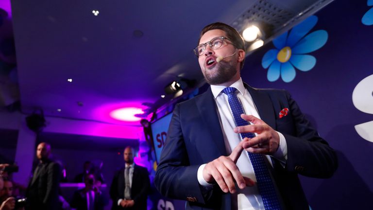 Sweden Democrats leader Akesson addresses party members as support surges