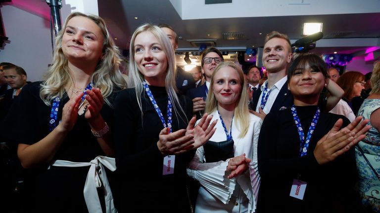 Sweden Democrats Party members react to exit polls 