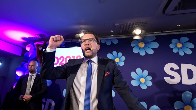 Sweden Democrats party leader Jimmie Akesson speaks on the evening of the election on September 9
