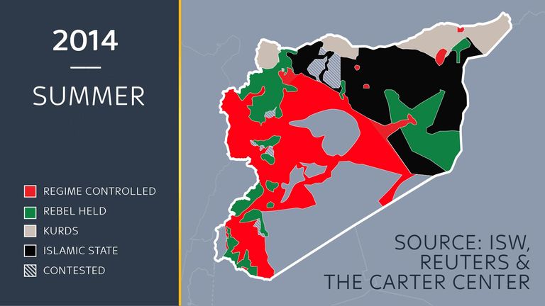 A map showing the approximate lines of control in Syria in summer 2014