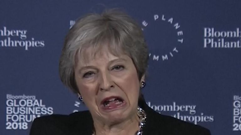 Theresa May pulled a face after stumbling during her speech. Pic: Bloomberg 
