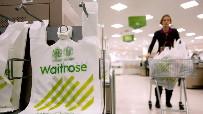 A shopper passes by branded bags in the Canary Wharf store of Waitrose in London. Reuters