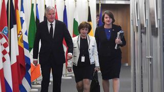 Leader of Northern Ireland Democratic Unionist Party (DUP) Arlene Foster (R) and DUP European Parliament memeber Diane Dodds (C) meet with EU Chief Brexit negotiator Michel Barnier 