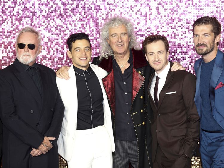 Roger Taylor, Malek, Brian May, Joe Mazzello and Gwilym Lee attend the world premiere of Bohemian Rhapsody