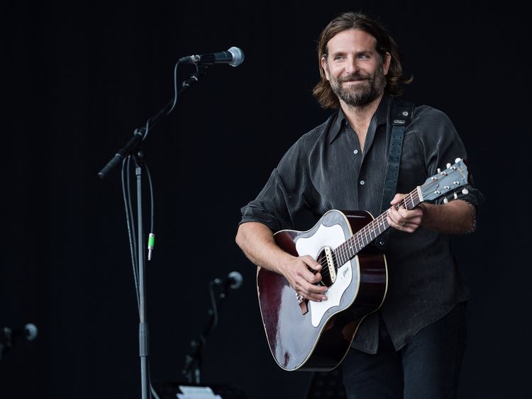 Bradley Cooper performs on the Pyramid Stage at Glastonbury in 2017, shooting for A Star Is Born