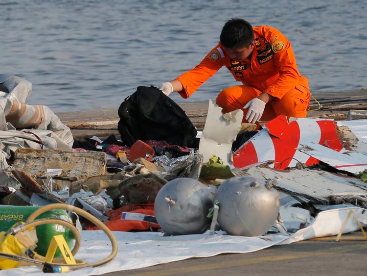 A member of Indonesian Search and Rescue Agency (BASARNAS) inspects debris believed to be from Lion Air passenger jet that crashed off Java Island at Tanjung Priok Port in Jakarta, Indonesia Monday, Oct. 29, 2018. A Lion Air flight crashed into the sea just minutes after taking off from Indonesia&#39;s capital on Monday in a blow to the country&#39;s aviation safety record after the lifting of bans on its airlines by the European Union and U.S. (AP Photo/Tatan Syufla