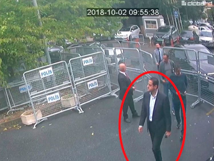 Surveillance camera footage of a man, previously seen with Saudi Crown Prince Mohammed bin Salman's entourage, walking towards the Saudi Consulate in Istanbul just before writer Jamal Khashoggi disappeared