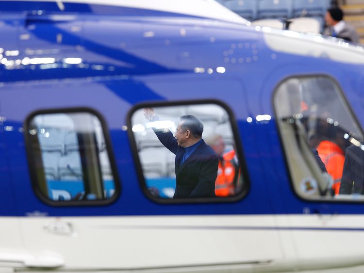 Football Soccer - Leicester City v Southampton - Barclays Premier League - The King Power Stadium - 3/4/16 Leicester City chairman Vichai Srivaddhanaprabha walks to his helicopter which has landed on the pitch after the game Reuters / Darren Staples Livepic EDITORIAL USE ONLY. No use with unauthorized audio, video, data, fixture lists, club/league logos or "live" services. Online in-match use limited to 45 images, no video emulation. No use in betting, games or single club/league/player publicat