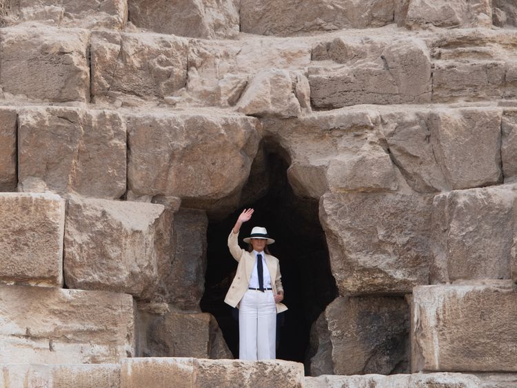 Melania Trump at the entrance to Egypt's Great Pyramid of Khufu at Giza