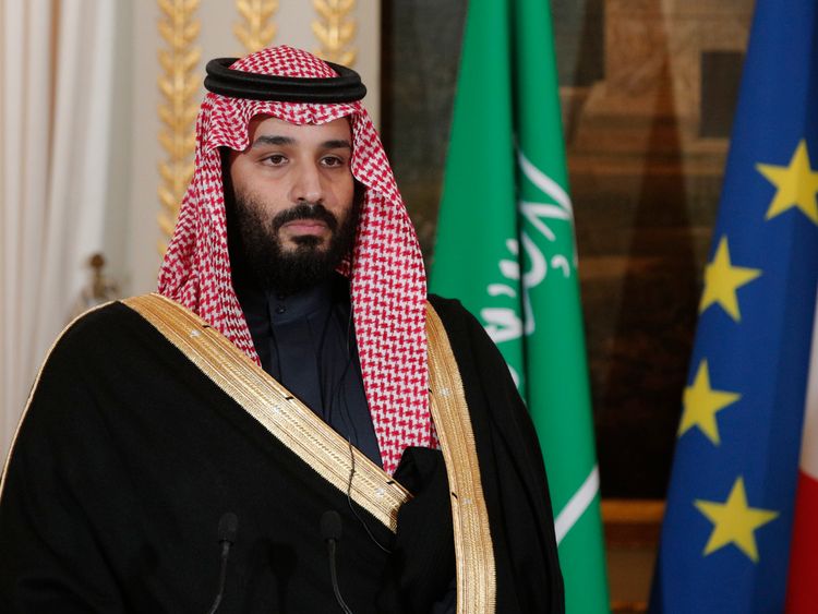 Saudi Arabia's Crown Prince Mohammed bin Salman gives a joint press conference with France's President at the Elysee Palace in Paris on April 10, 2018